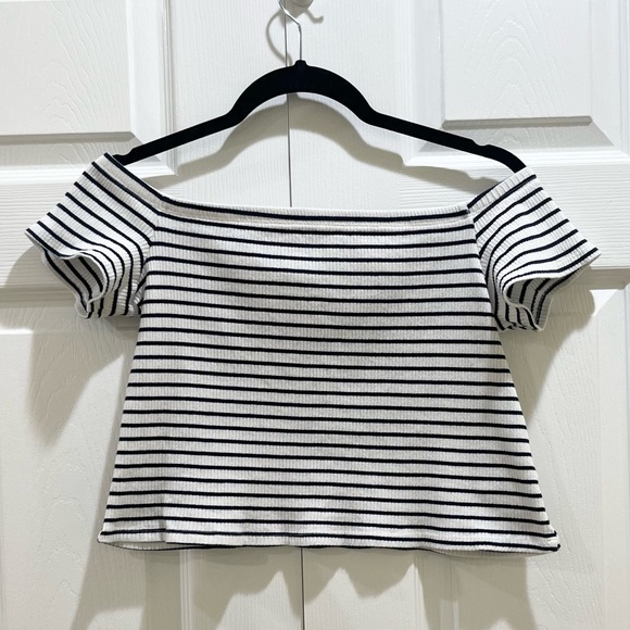 H&M Tops Hm Ribbed Off The Shoulder Stripe Crop Top White Navy